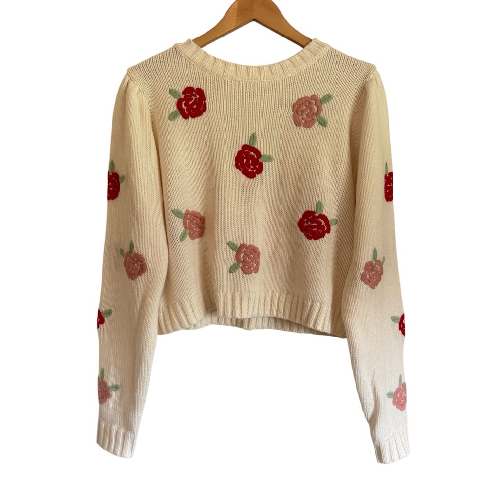 Jessica Simpson Rose Embroidered Slightly Cropped Sweater Women’s Size XL - Picture 2 of 8